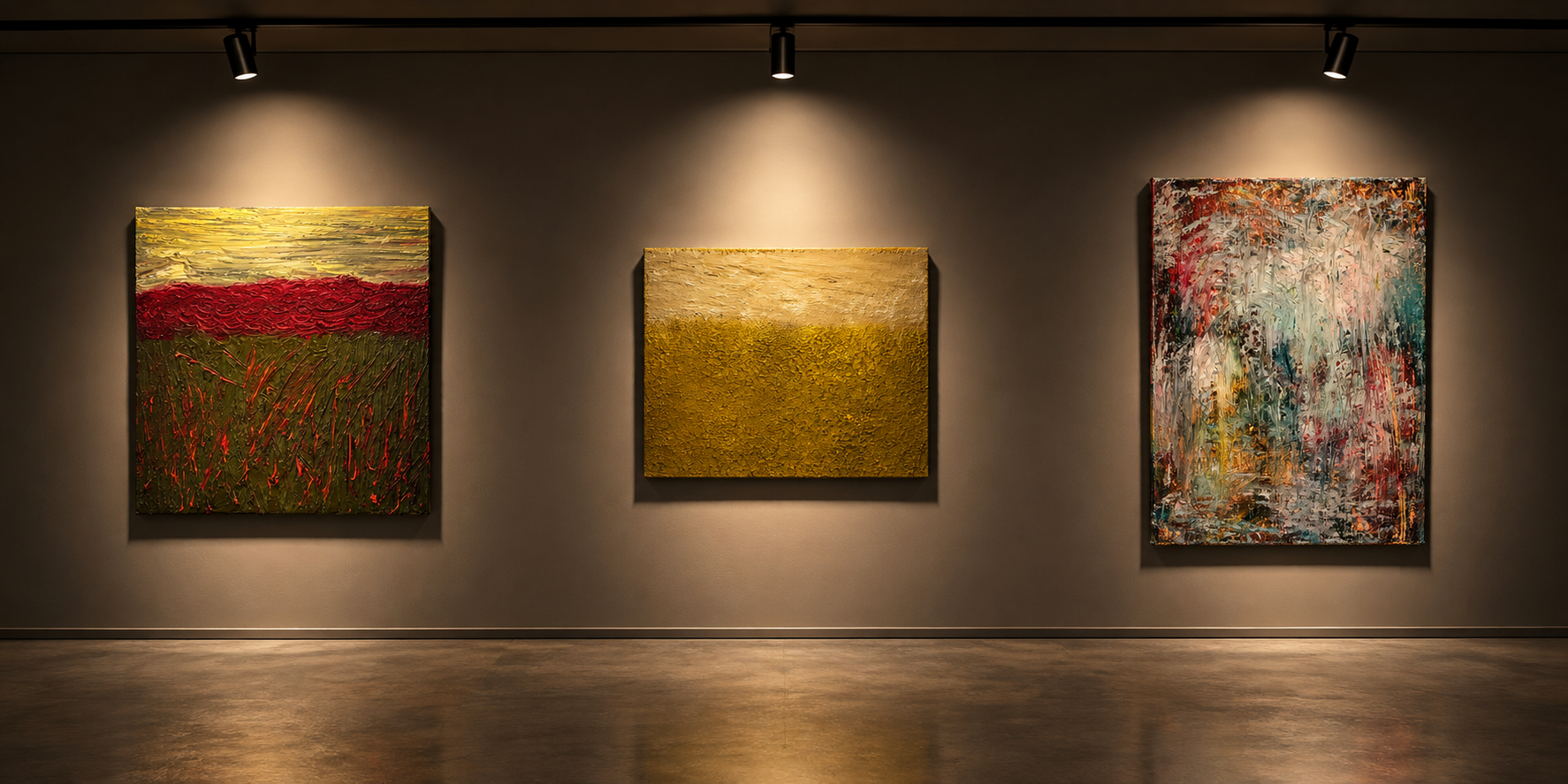 Gallery wall at A & O Fine Arts with three textured abstract canvases by Dan Byrne under warm spotlights
